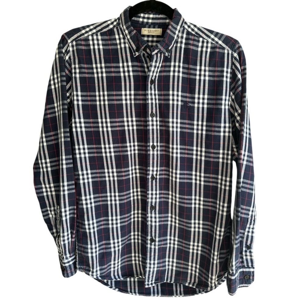 Burberry Navy White and Red Plaid Button-Down Shirt